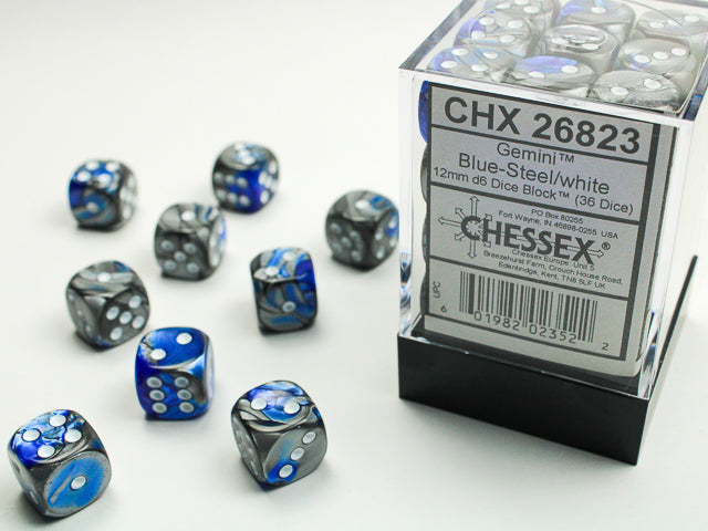 Chessex D6 Cube set of 36. Blue/Steel/white | Cards and Coasters CA