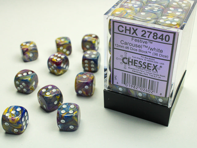 Chessex D6 Cube (12mm) - Festive Carousel/White | Cards and Coasters CA