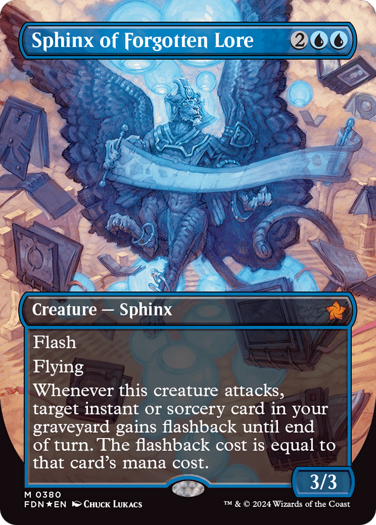 Sphinx of Forgotten Lore (Borderless) (Mana Foil) [Foundations] | Cards and Coasters CA