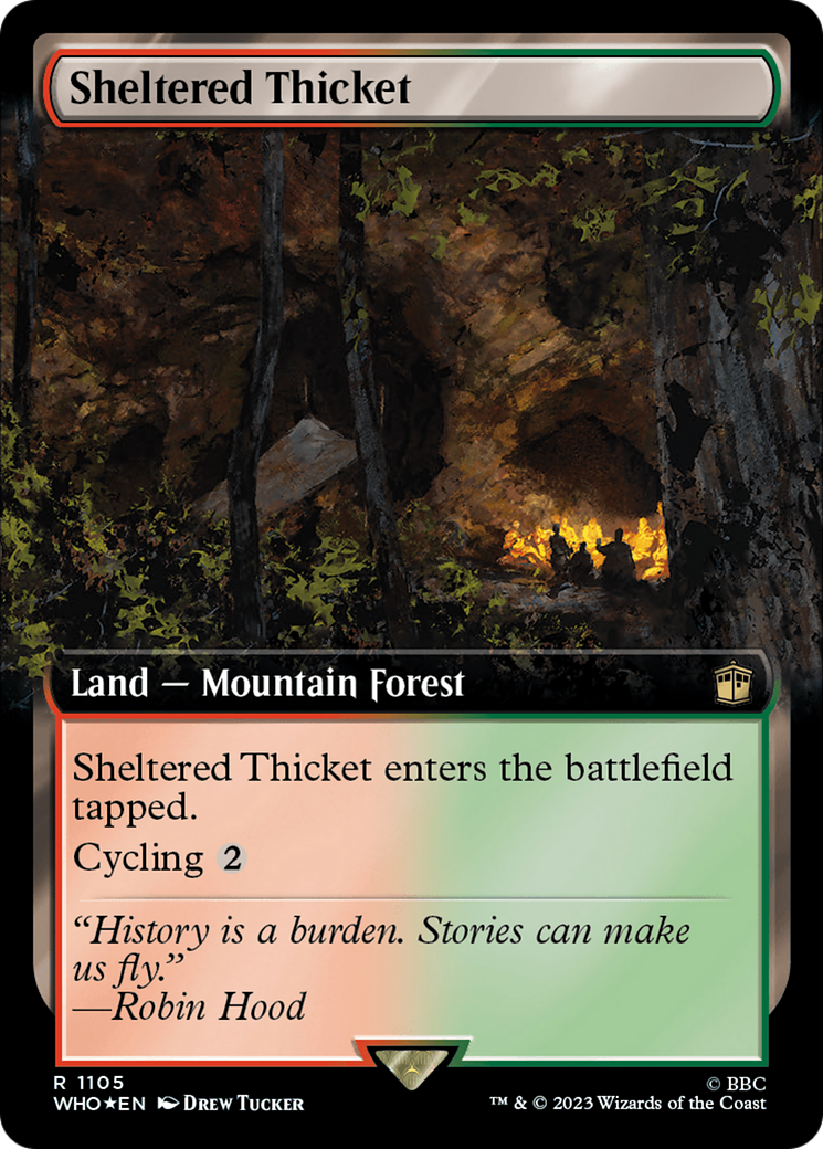 Sheltered Thicket (Extended Art) (Surge Foil) [Doctor Who] | Cards and Coasters CA