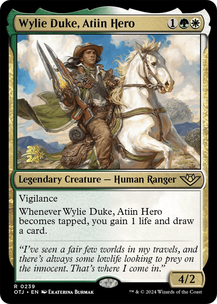 Wylie Duke, Atiin Hero [Outlaws of Thunder Junction Prerelease Promos] | Cards and Coasters CA