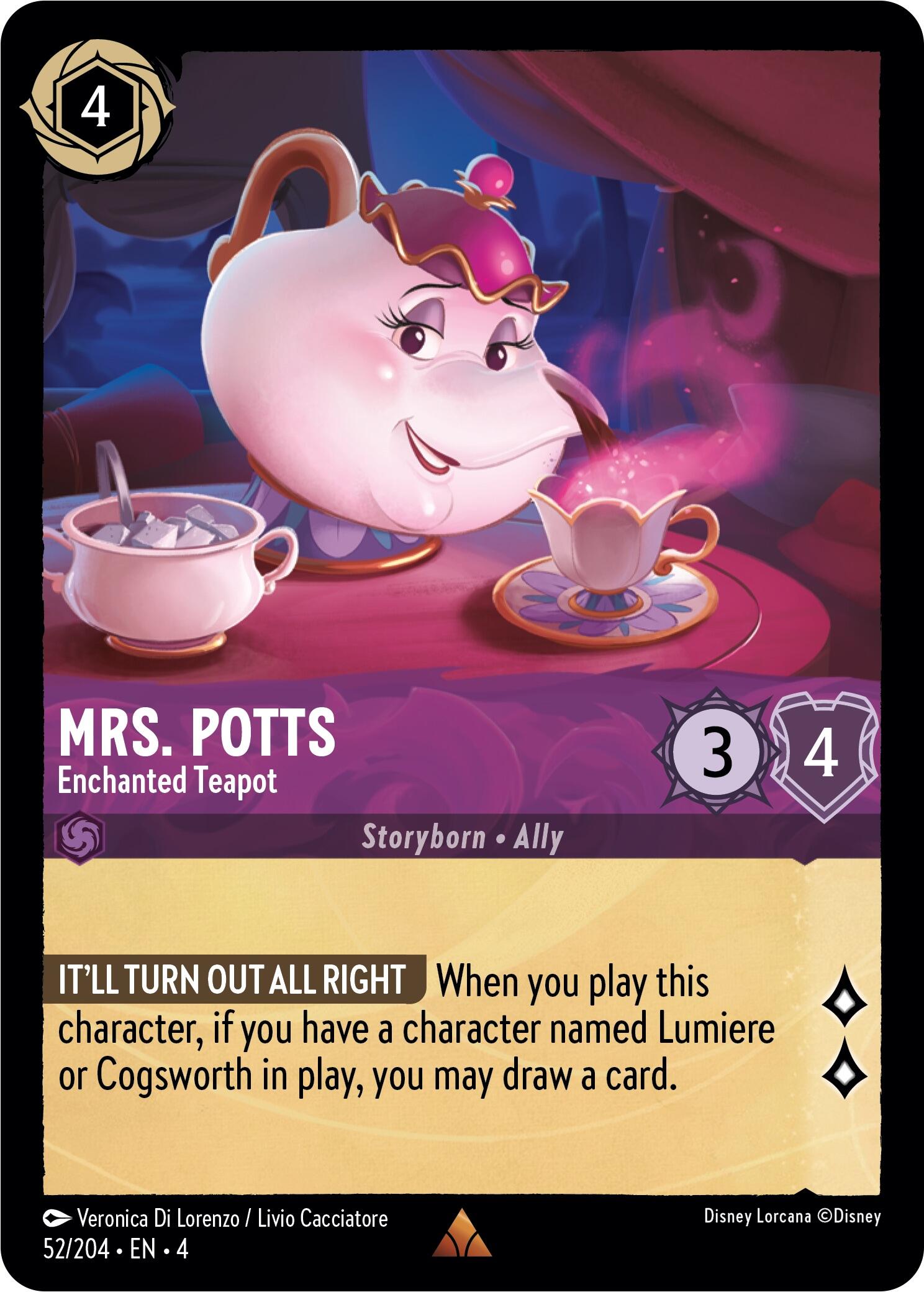 Mrs. Potts - Enchanted Teapot (52/204) [Ursula's Return] | Cards and Coasters CA