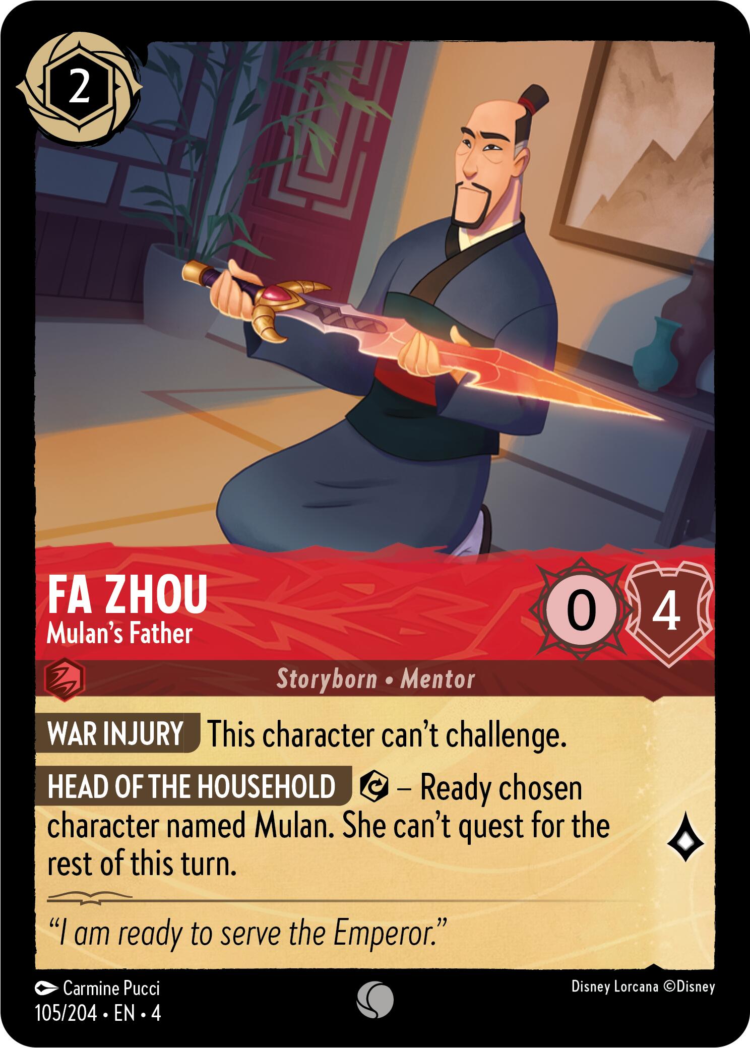 Fa Zhou - Mulan's Father (105/204) [Ursula's Return] | Cards and Coasters CA