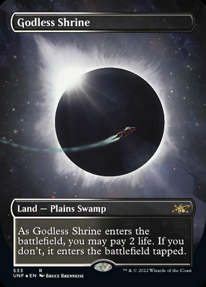 Godless Shrine (Borderless) (Galaxy Foil) [Unfinity] | Cards and Coasters CA