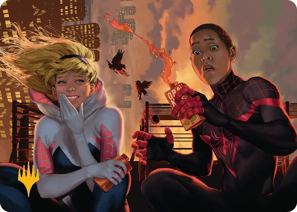 Heroes' Hangout Art Card (Gold-Stamped Planeswalker Symbol) [Marvel's Spider-Man Art Series] | Cards and Coasters CA