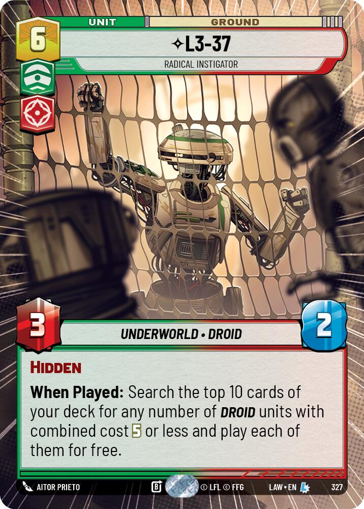 L3-37 - Radical Instigator (327) (Hyperspace) (327) [A Lawless Time] | Cards and Coasters CA