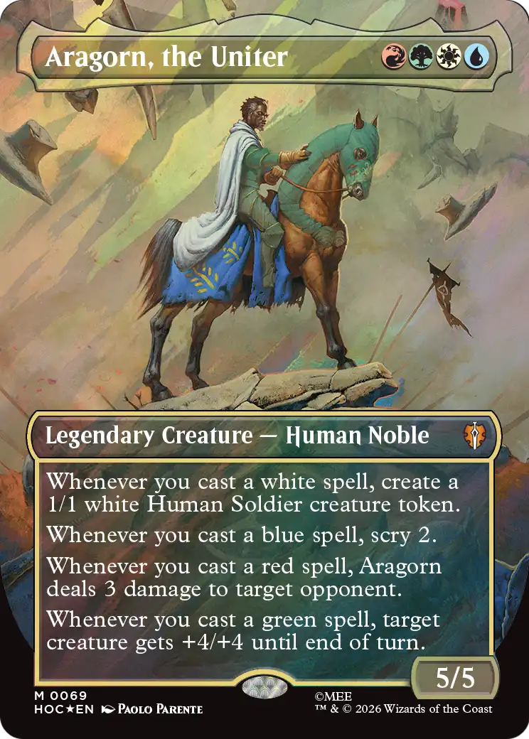 Aragorn, the Uniter (Borderless) (Surge Foil) [The Hobbit: Eternal-Legal] | Cards and Coasters CA