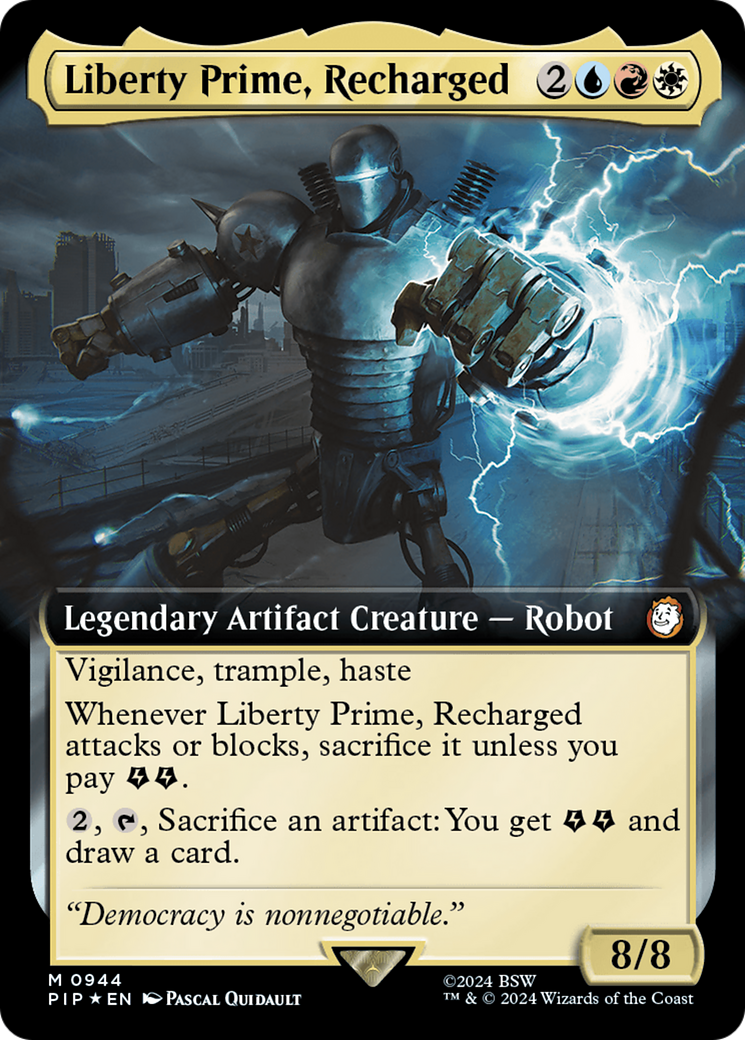 Liberty Prime, Recharged (Extended Art) (Surge Foil) [Fallout] | Cards and Coasters CA