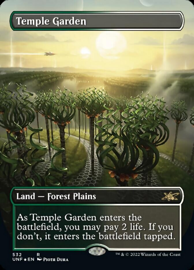 Temple Garden (Borderless) (Galaxy Foil) [Unfinity] | Cards and Coasters CA