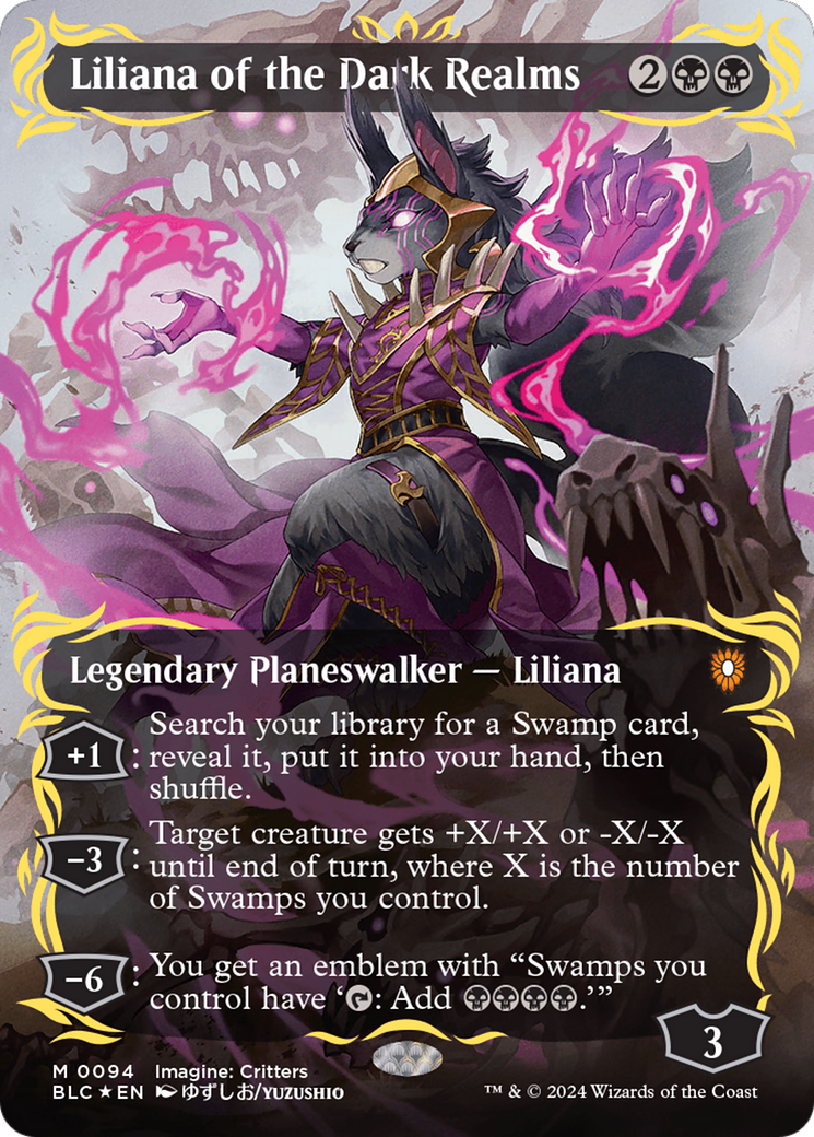 Liliana of the Dark Realms (Borderless) (Raised Foil) [Bloomburrow Commander] | Cards and Coasters CA