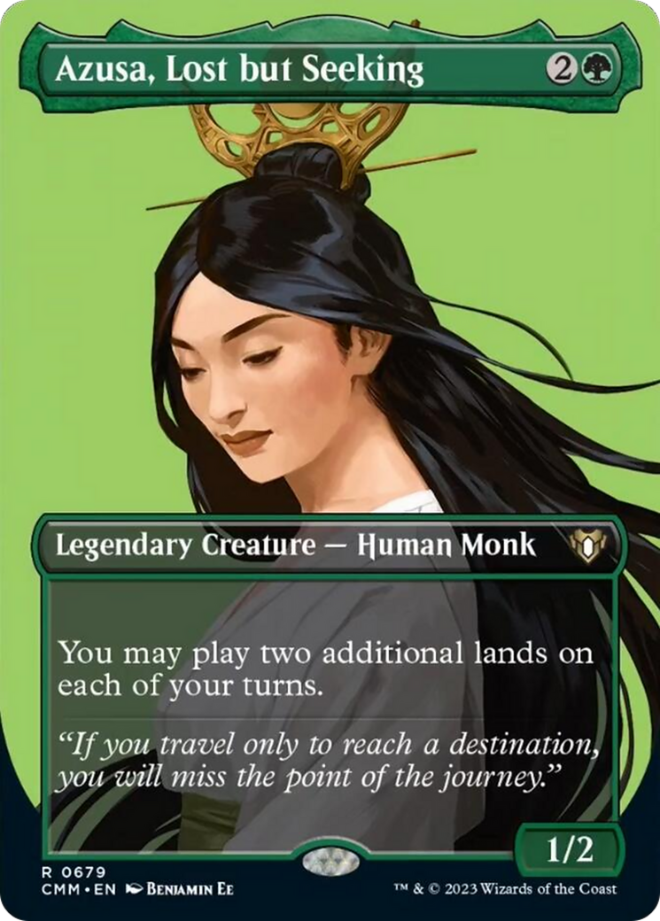 Azusa, Lost but Seeking (Borderless Profile) [Commander Masters] | Cards and Coasters CA