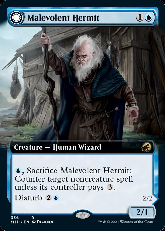 Malevolent Hermit // Benevolent Geist (Extended Art) [Innistrad: Midnight Hunt] | Cards and Coasters CA