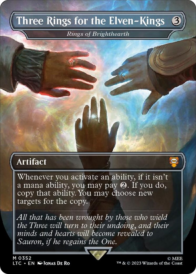 Three Rings for the Elven-Kings - Rings of Brighthearth (Borderless) (Surge Foil) [The Lord of the Rings: Tales of Middle-Earth Commander] | Cards and Coasters CA