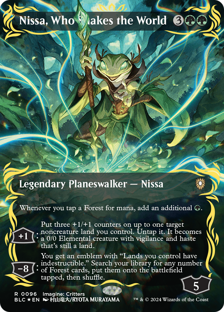 Nissa, Who Shakes the World (Borderless) (Raised Foil) [Bloomburrow Commander] | Cards and Coasters CA