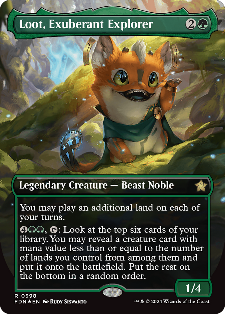 Loot, Exuberant Explorer (Borderless) (Mana Foil) [Foundations] | Cards and Coasters CA