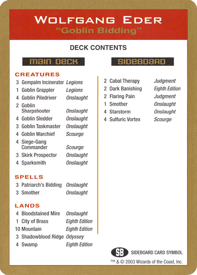 Wolfgang Eder Decklist [World Championship Decks 2003] | Cards and Coasters CA