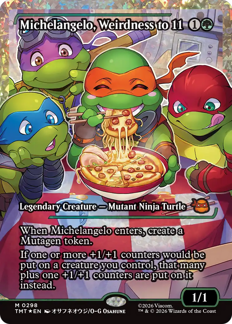Michelangelo, Weirdness to 11 (Showcase) (Fracture Foil) [Teenage Mutant Ninja Turtles] | Cards and Coasters CA