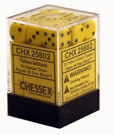 Chessex - Opaque Yellow and Black- 36 D6 Cube | Cards and Coasters CA