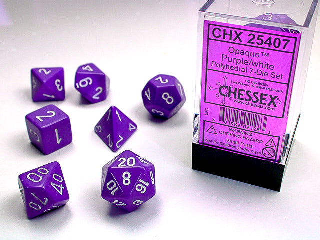 Chessex -Opaque Purple and White - Dice set 7 | Cards and Coasters CA