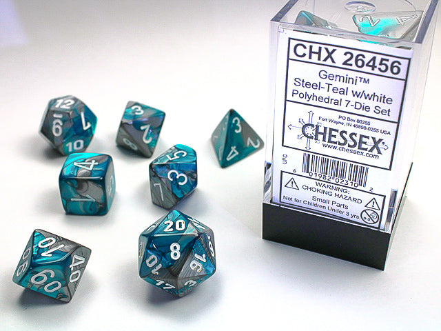 Chessex Gemini - Set of 7. Steel/Teal/white | Cards and Coasters CA