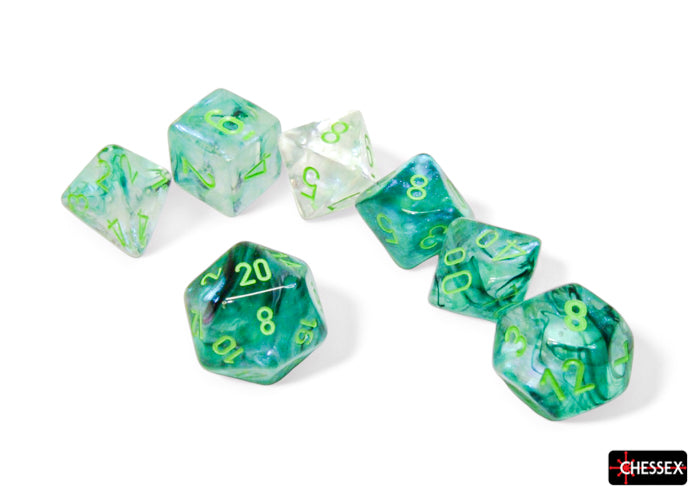 Chessex Set of 7 Dice. Kelp/Light Green Luminary | Cards and Coasters CA