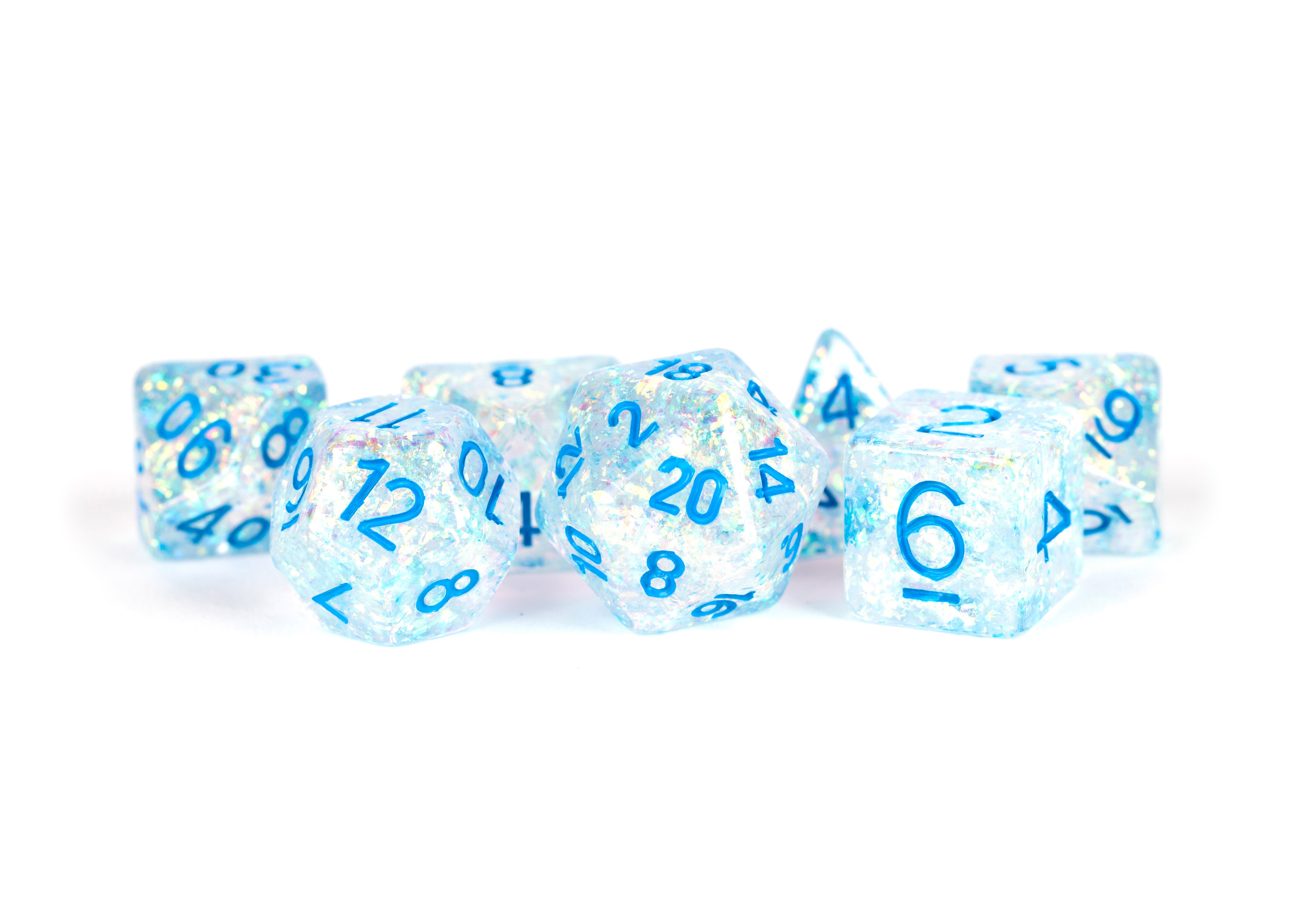 FanRoll Dice Set: Flash Clear with Light Blue | Cards and Coasters CA