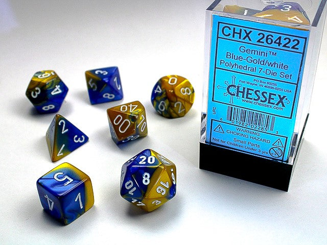 Chessex Dice set Gemini Blue-Gold/White | Cards and Coasters CA
