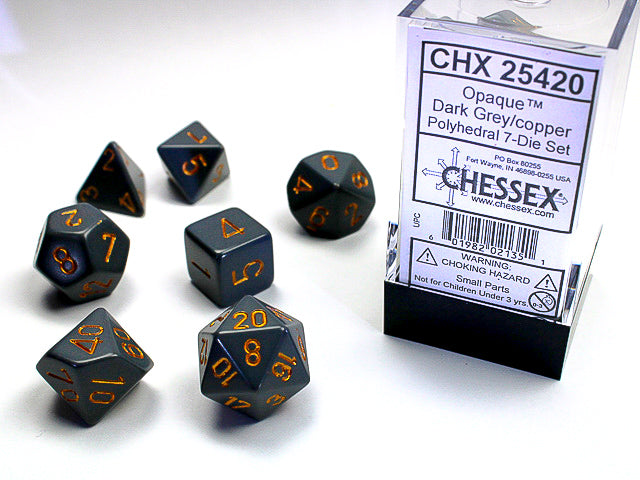 Chessex Dice Set: Opaque Dark Grey with Copper | Cards and Coasters CA