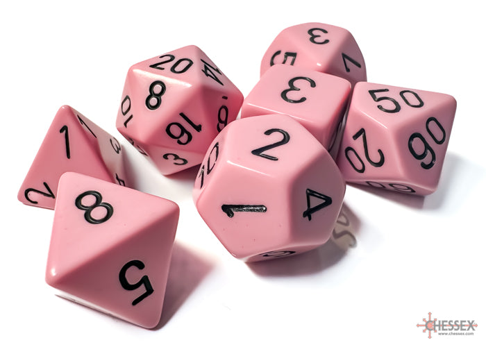 Opaque 7-Dice Set Polyhedral Pastel Pink and Black | Cards and Coasters CA