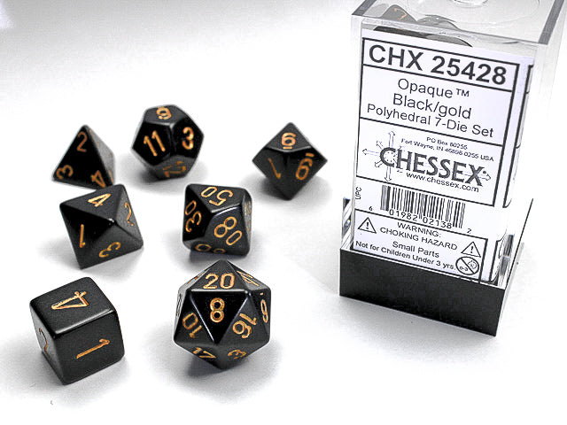 Chessex -Opaque Black and Gold - Dice set 7 | Cards and Coasters CA