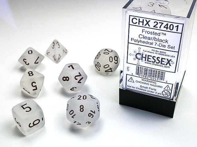 Chessex - Frosted Clear and Black Dice set 7 | Cards and Coasters CA