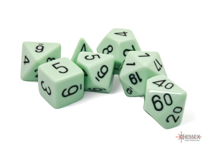 Opaque 7-Dice Set Polyhedral Pastel Green and Black | Cards and Coasters CA