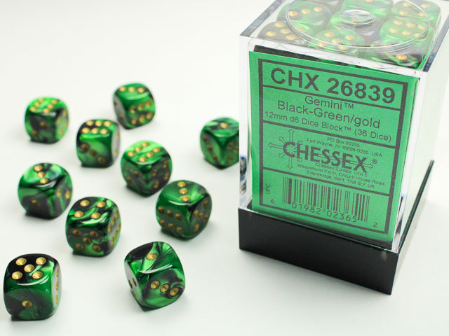 Chessex - Gemini Black-Green and Gold - 36 D6 Cube | Cards and Coasters CA