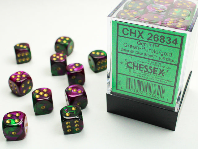 Chessex - Gemini - D6 Cube - set of 36 12 mm Green/Purple/Gold | Cards and Coasters CA