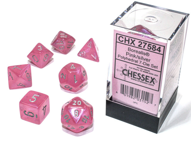 Chessex - Borealis Pink Silver Luminary Dice set 7 | Cards and Coasters CA