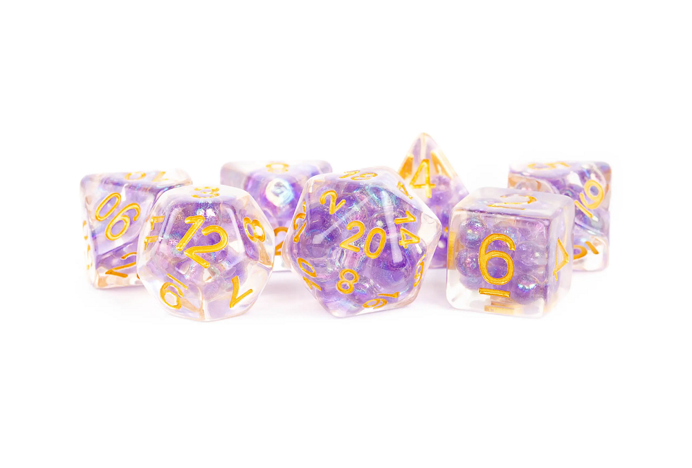Resin 7 Dice Set Pearl Purple W/Gold | Cards and Coasters CA