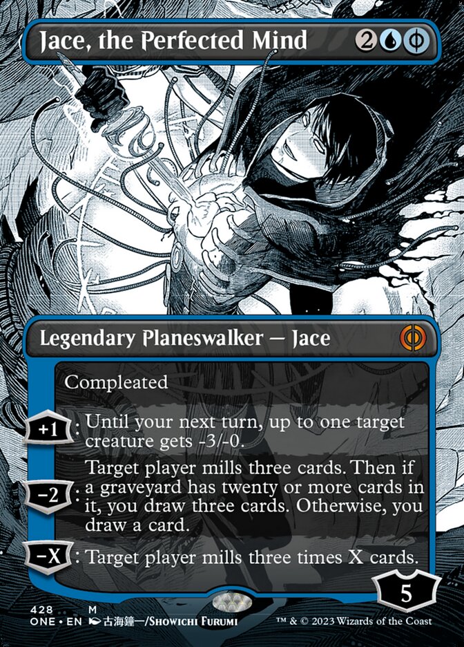 Jace, the Perfected Mind (Borderless Manga Step-and-Compleat Foil) [Phyrexia: All Will Be One] | Cards and Coasters CA