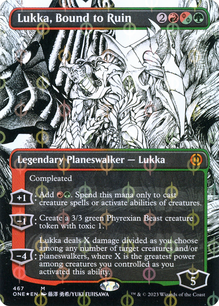 Lukka, Bound to Ruin (Borderless Manga Step-and-Compleat Foil) [Phyrexia: All Will Be One] | Cards and Coasters CA