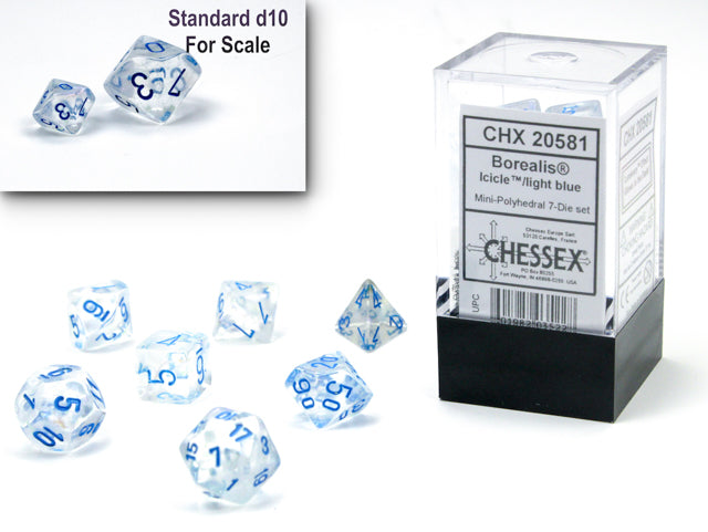 Chessex Borealis: Mini 7Pc light blue Luminary | Cards and Coasters CA