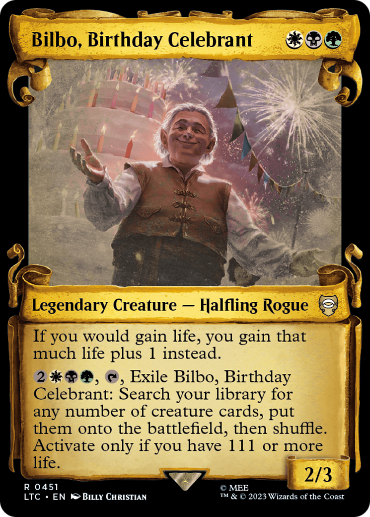 Bilbo, Birthday Celebrant [The Lord of the Rings: Tales of Middle-Earth Commander Showcase Scrolls] | Cards and Coasters CA