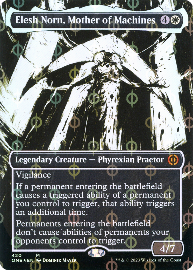 Elesh Norn, Mother of Machines (Borderless Ichor Step-and-Compleat Foil) [Phyrexia: All Will Be One] | Cards and Coasters CA