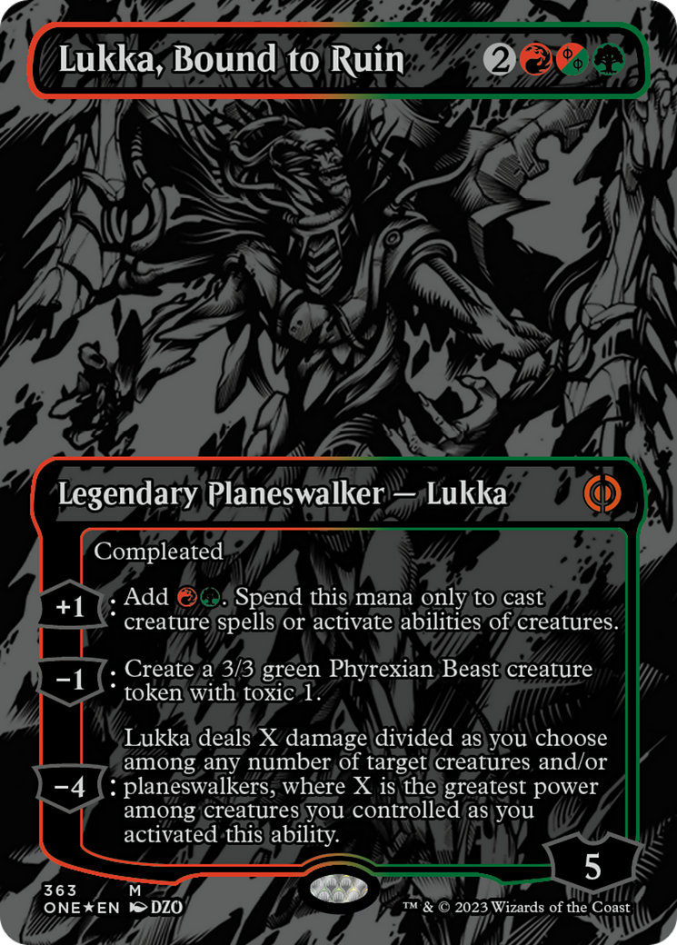 Lukka, Bound to Ruin (Oil Slick Raised Foil) [Phyrexia: All Will Be One] | Cards and Coasters CA