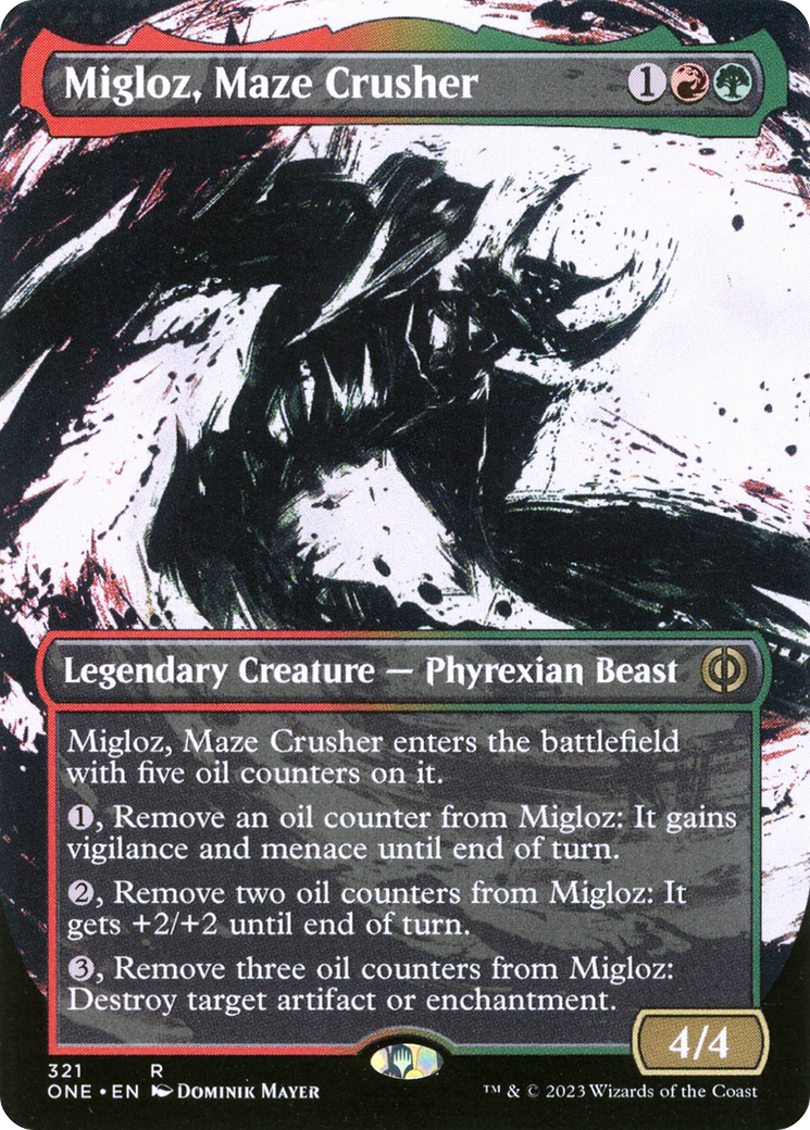 Migloz, Maze Crusher (Borderless Ichor) [Phyrexia: All Will Be One] | Cards and Coasters CA
