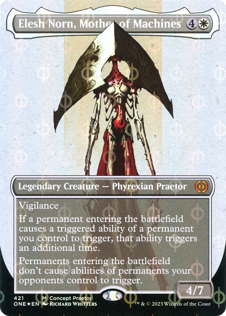 Elesh Norn, Mother of Machines (Borderless Concept Praetors Step-and-Compleat Foil) [Phyrexia: All Will Be One] | Cards and Coasters CA