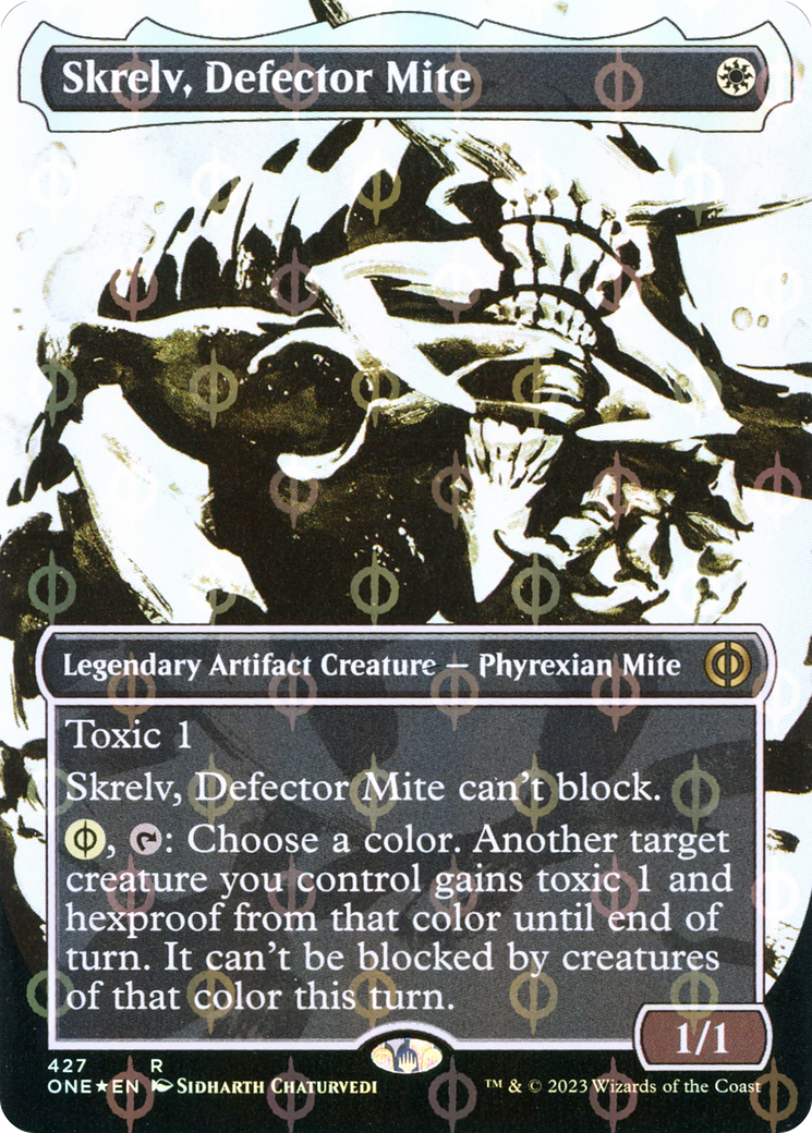 Skrelv, Defector Mite (Borderless Ichor Step-and-Compleat Foil) [Phyrexia: All Will Be One] | Cards and Coasters CA