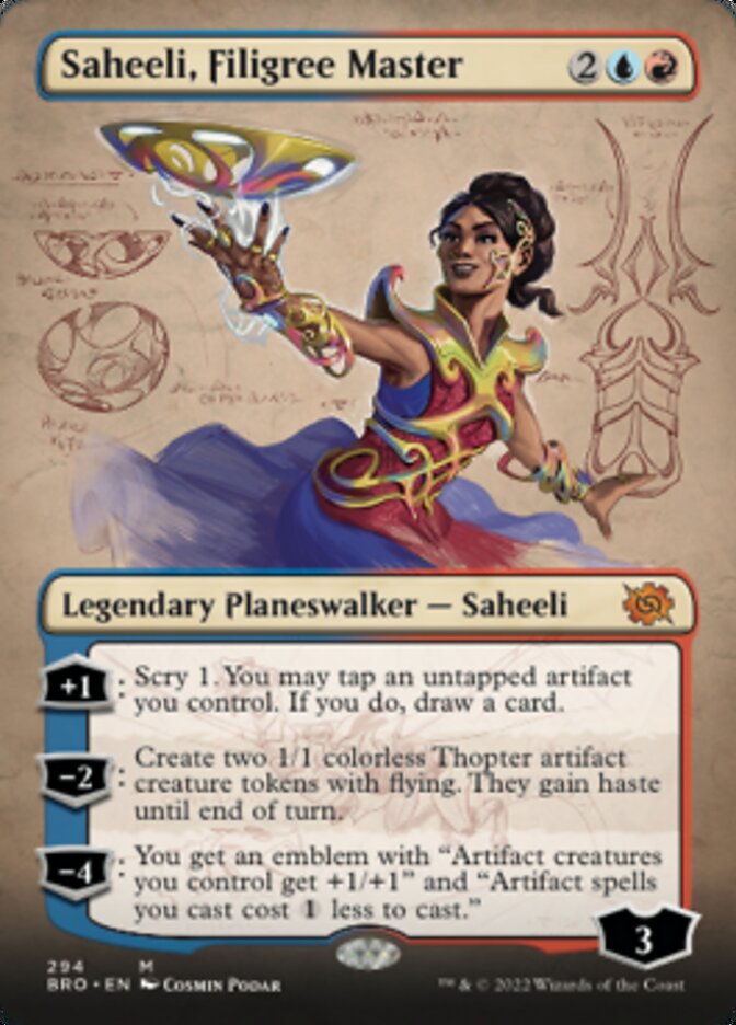 Saheeli, Filigree Master (Borderless Alternate Art) [The Brothers' War] | Cards and Coasters CA