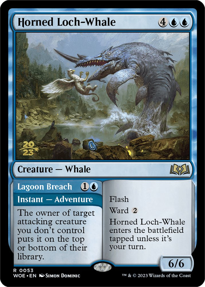 Horned Loch-Whale // Lagoon Breach (Promo Pack) [Wilds of Eldraine Promos] | Cards and Coasters CA
