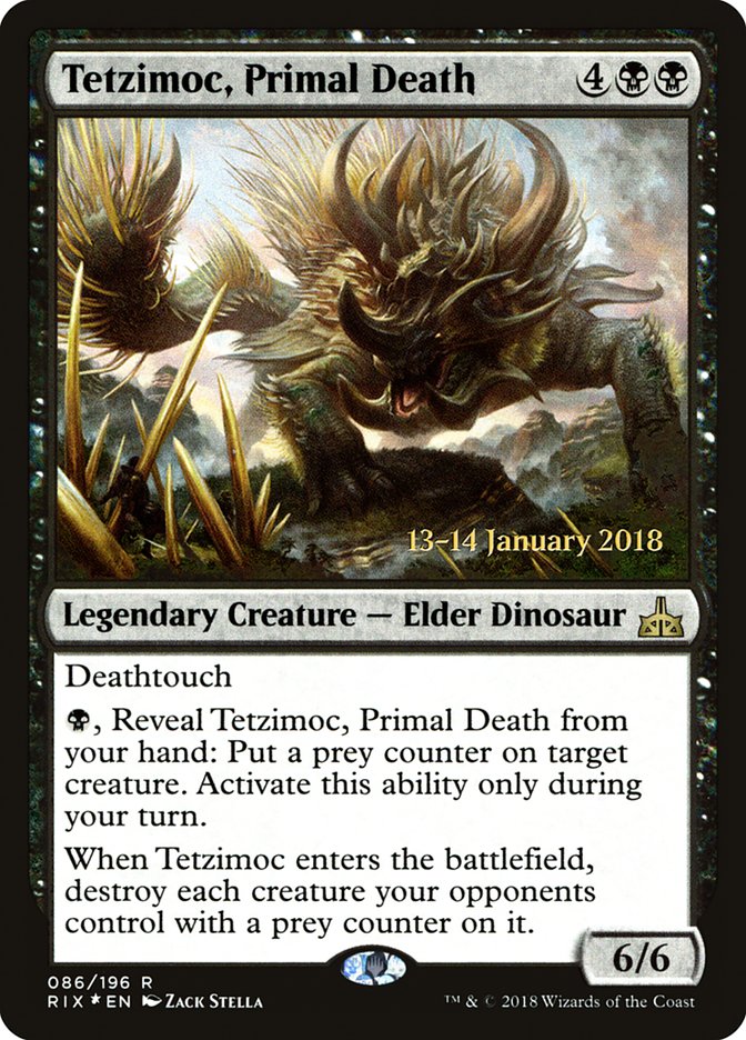 Tetzimoc, Primal Death [Rivals of Ixalan Prerelease Promos] | Cards and Coasters CA