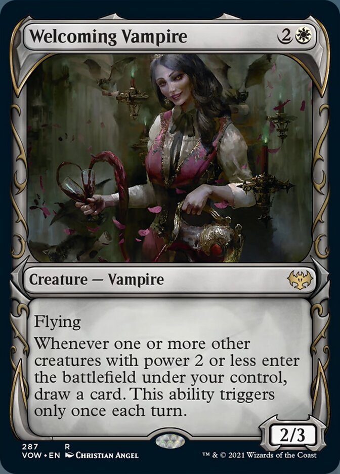 Welcoming Vampire (Showcase Fang Frame) [Innistrad: Crimson Vow] | Cards and Coasters CA