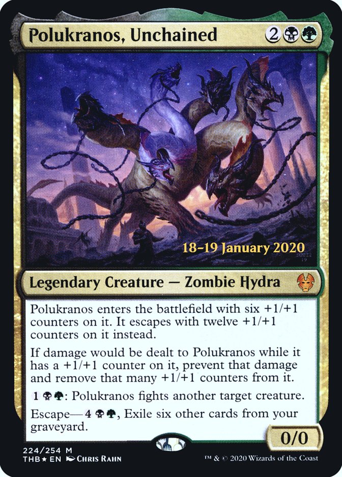 Polukranos, Unchained [Theros Beyond Death Prerelease Promos] | Cards and Coasters CA